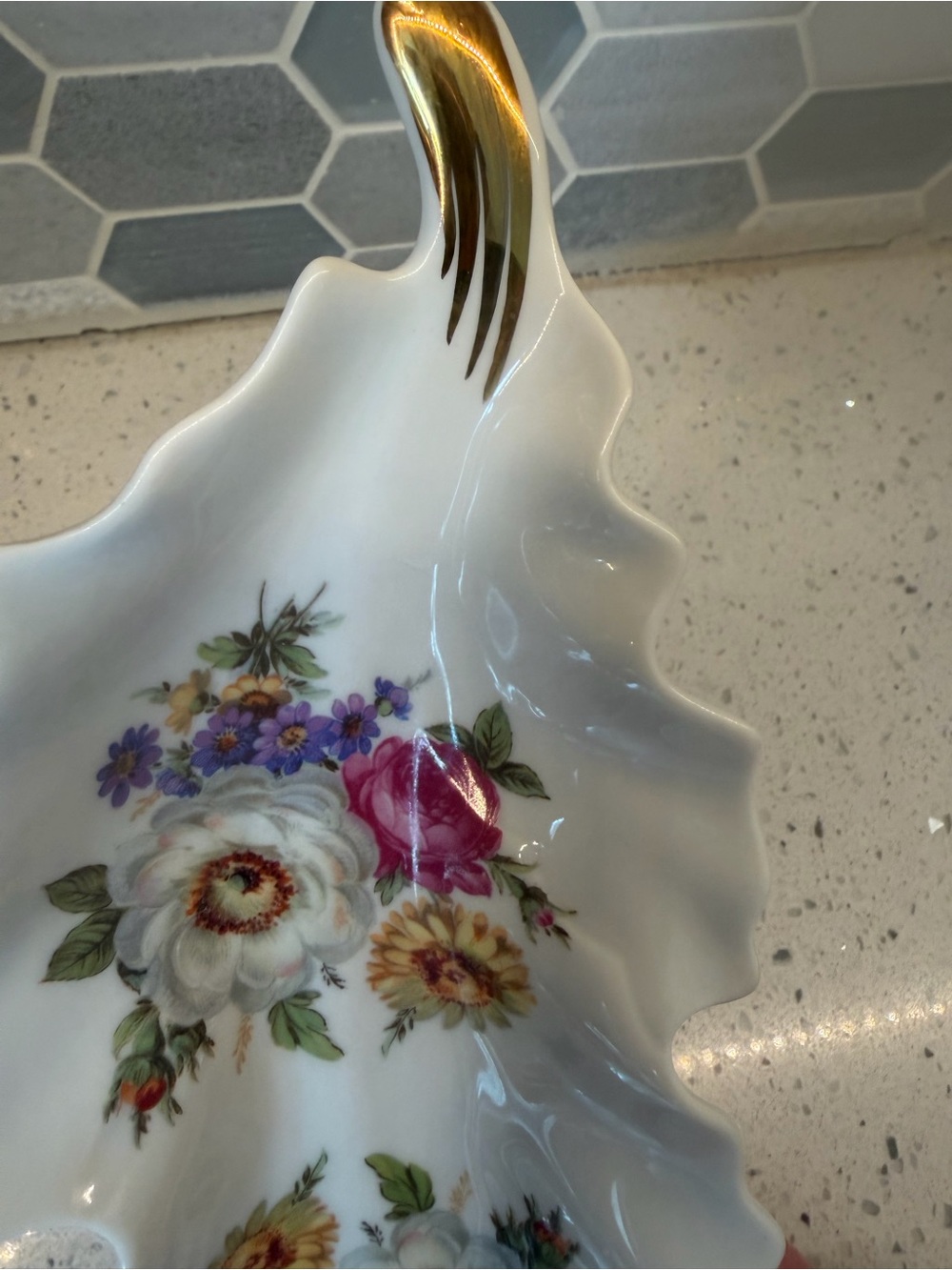 Vintage German Porcelain Trinket Tray-Floral, White & Gold. Beautiful